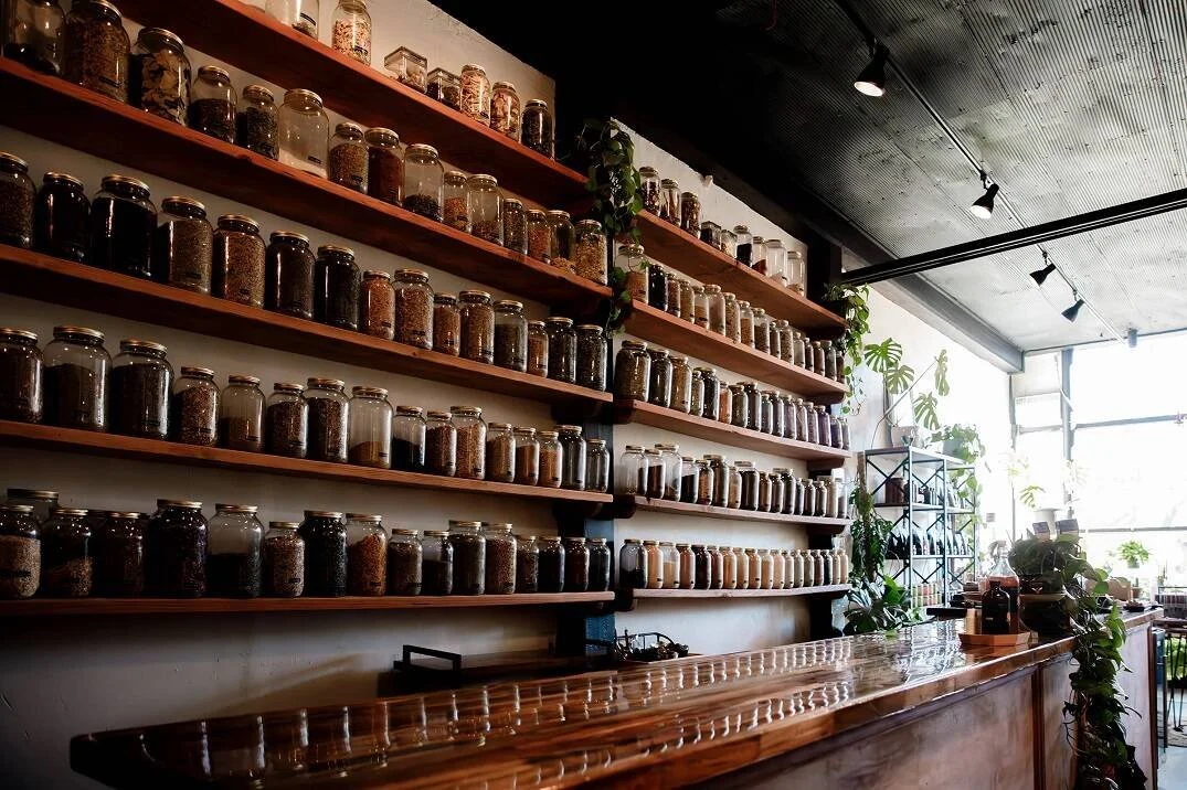 Sunlit shelves of glass herb jars at Balanced Root Apothecary.