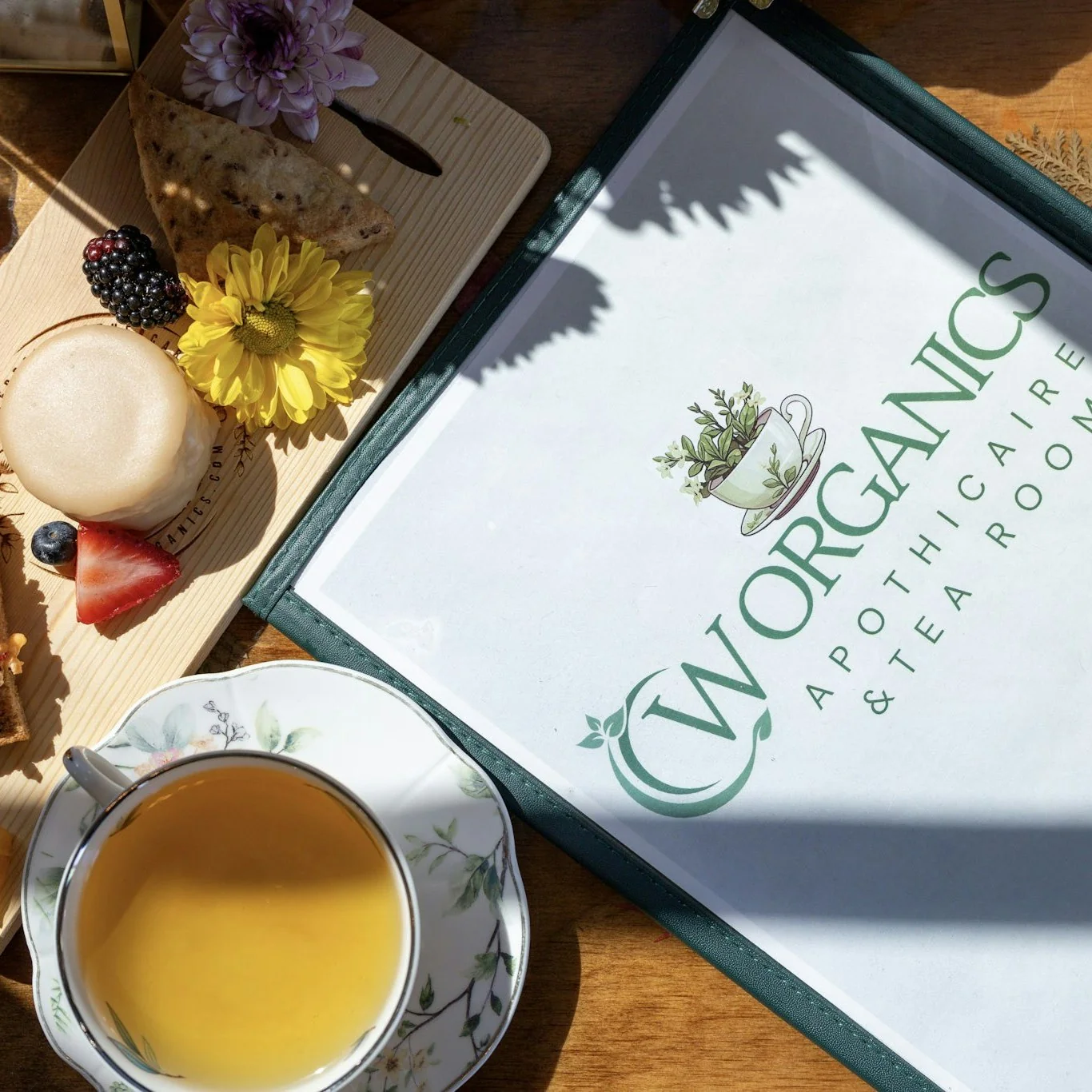 Tea service and menu at CW Organics in Ridgeland