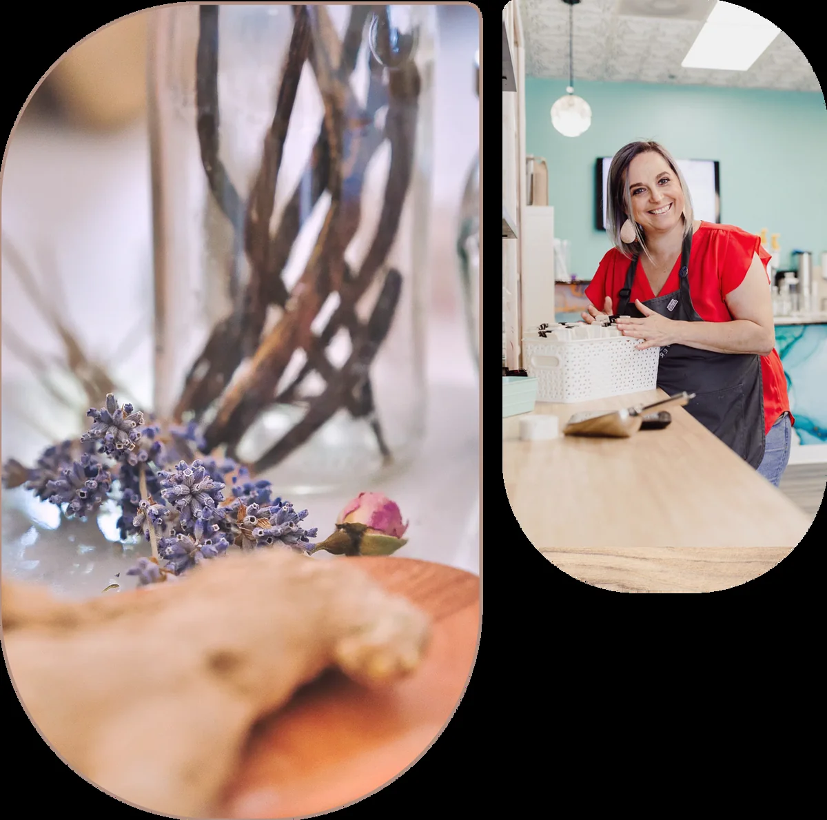 Euphoric Herbals founder at the apothecary counter alongside a close-up of botanicals