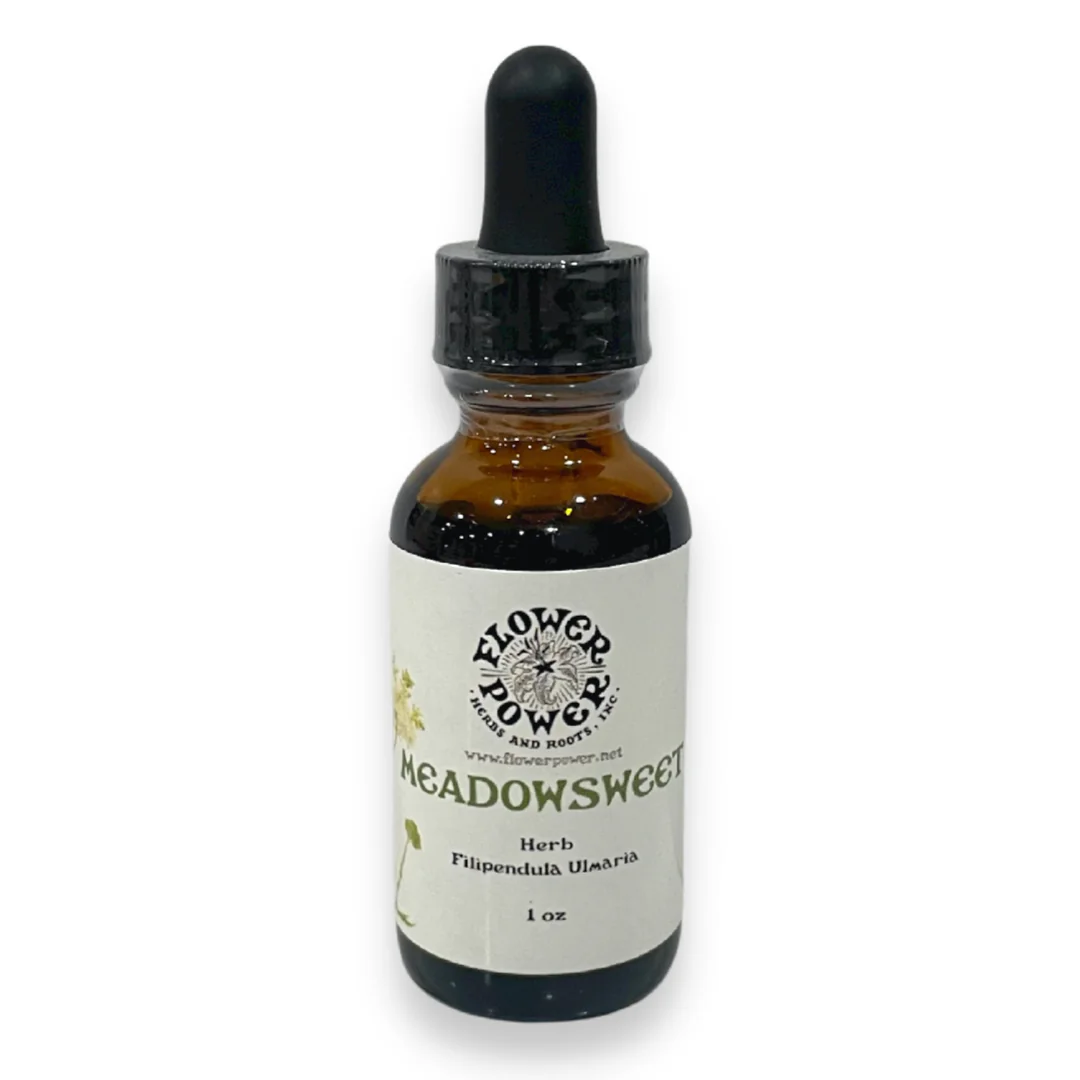 Flower Power’s own Meadowsweet tincture in a labeled dropper bottle