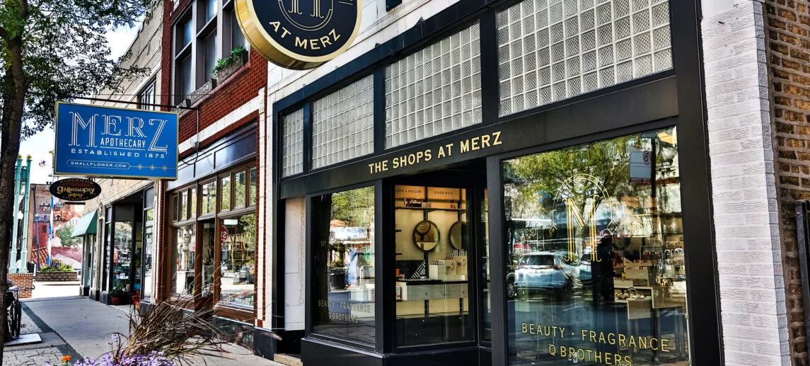 Merz Apothecary and neighboring shops on North Lincoln Avenue