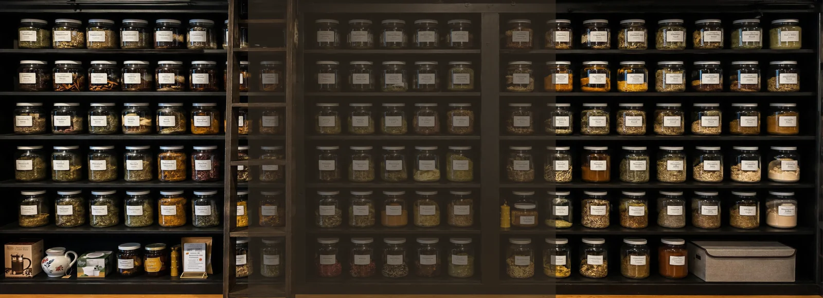 Bulk herb shelves at The Mercantile Apothecary
